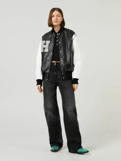 Lederbomberjacke im College-Stil Schwarz