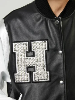 Lederbomberjacke im College-Stil Schwarz
