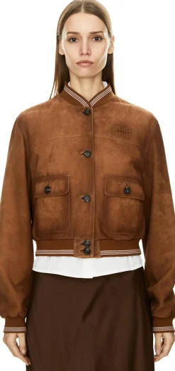 Lederjacke mit Relief-Sticklogo Zimt