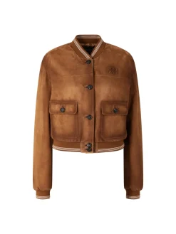 Lederjacke mit Relief-Sticklogo Zimt