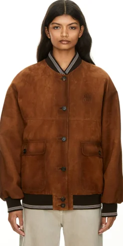 Lederjacke mit Sticklogo Braun