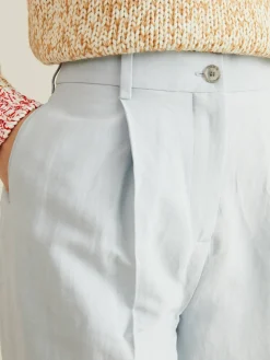 Leinen-Baumwoll-Hose mit Bundfalten Eisblau