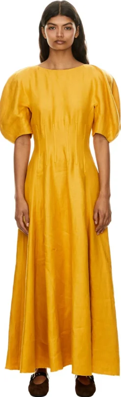 Leinenkleid 'Ranya' mit Puffärmel Gelb