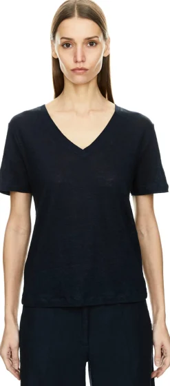 Leinenshirt mit V-Ausschnitt Marineblau