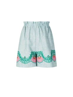 Leinenshorts 'Fava' mit Blumen Stickerei Grün