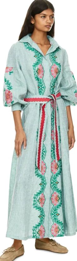 Maxikleid 'Anice' aus Leinen mit Blumen Stickerei Grün