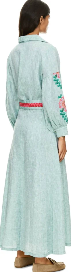 Maxikleid 'Anice' aus Leinen mit Blumen Stickerei Grün