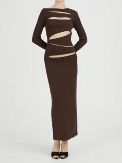 Maxikleid asymmetrischer Schlitz Dunkelbraun