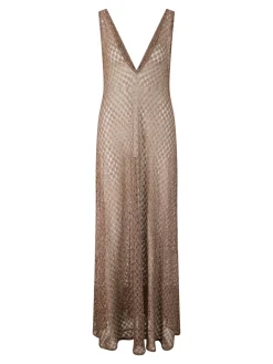 Maxikleid aus Lamé-Viskose mit V-Ausschnitt Braun