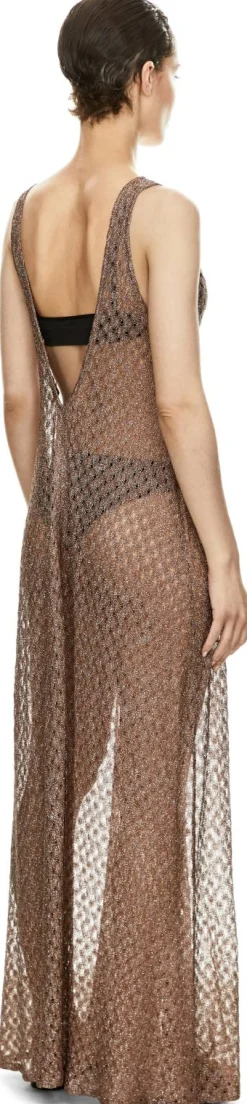 Maxikleid aus Lamé-Viskose mit V-Ausschnitt Braun