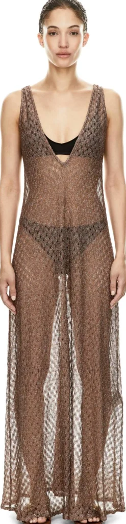 Maxikleid aus Lamé-Viskose mit V-Ausschnitt Braun