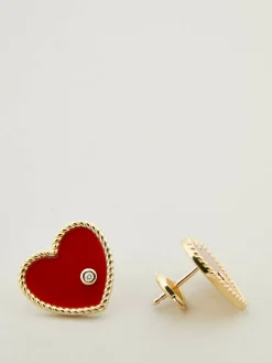 Ohrringe 'Paire de Puces Coeur Plaque Agate Rouge or Jaune' Rot