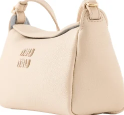 Pouch mit Logo Schriftzug aus Leder Beige
