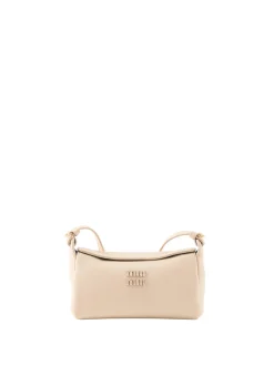 Pouch mit Logo Schriftzug aus Leder Beige