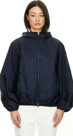 Regenjacke 'Zelkova' mit Kapuze und San Gallo-Besatz Marineblau