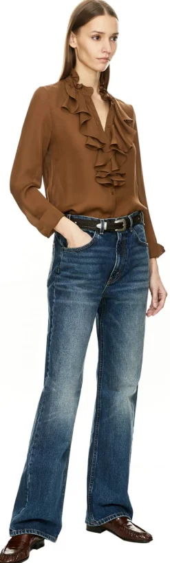 Seidenbluse 'Lily' mit Rüschenkragen Braun