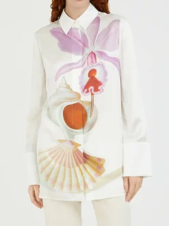 Seidenbluse mit verspieltem Aufdruck Weiß/Violett