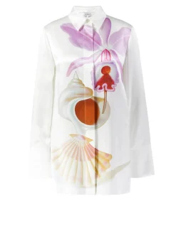 Seidenbluse mit verspieltem Aufdruck Weiß/Violett