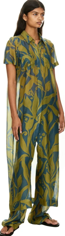 Seidenkleid 'Davinia' mit floralem Muster Grün/Blau