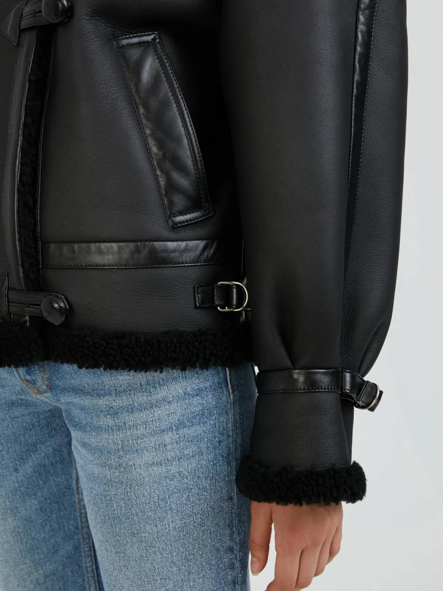 Shearling-Aviatorjacke Schwarz