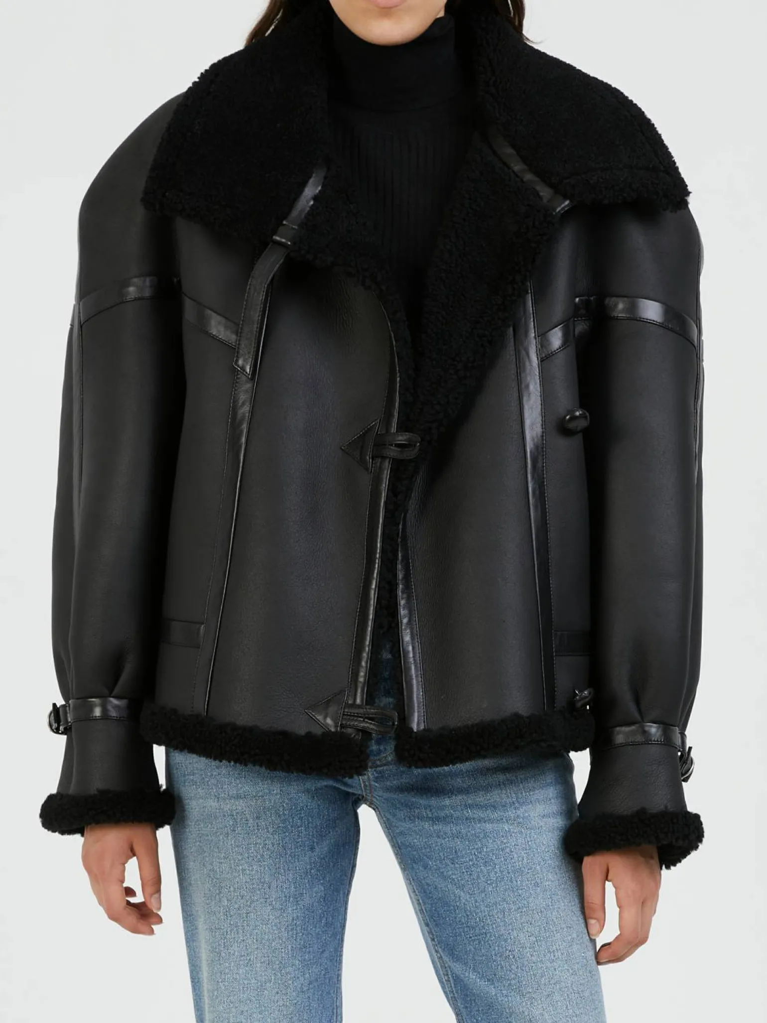 Shearling-Aviatorjacke Schwarz