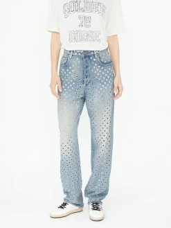 Straight-Leg-Jeans mit Allover-Ösen Hellblau