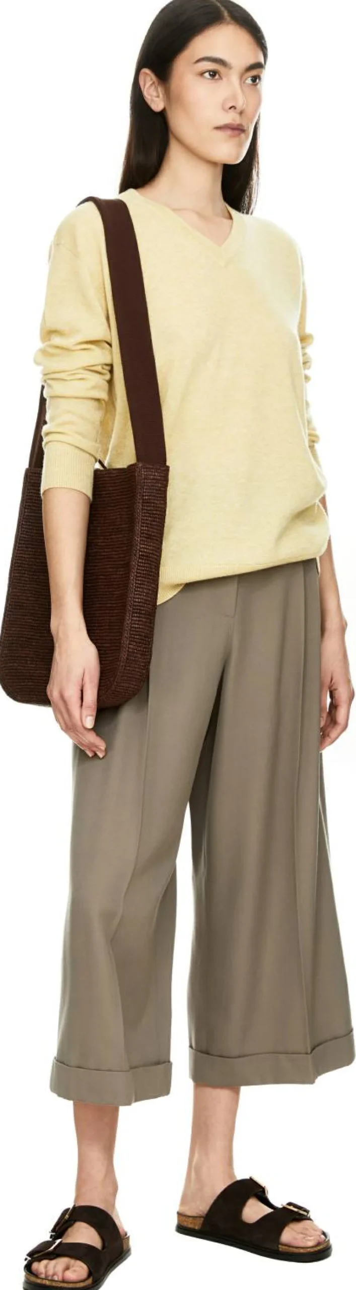 Verkürzte Wollhose 'Lior' mit weitem Bein Khaki