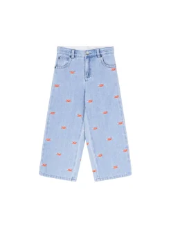 Weite Jeans mit Stickereien Hellbau